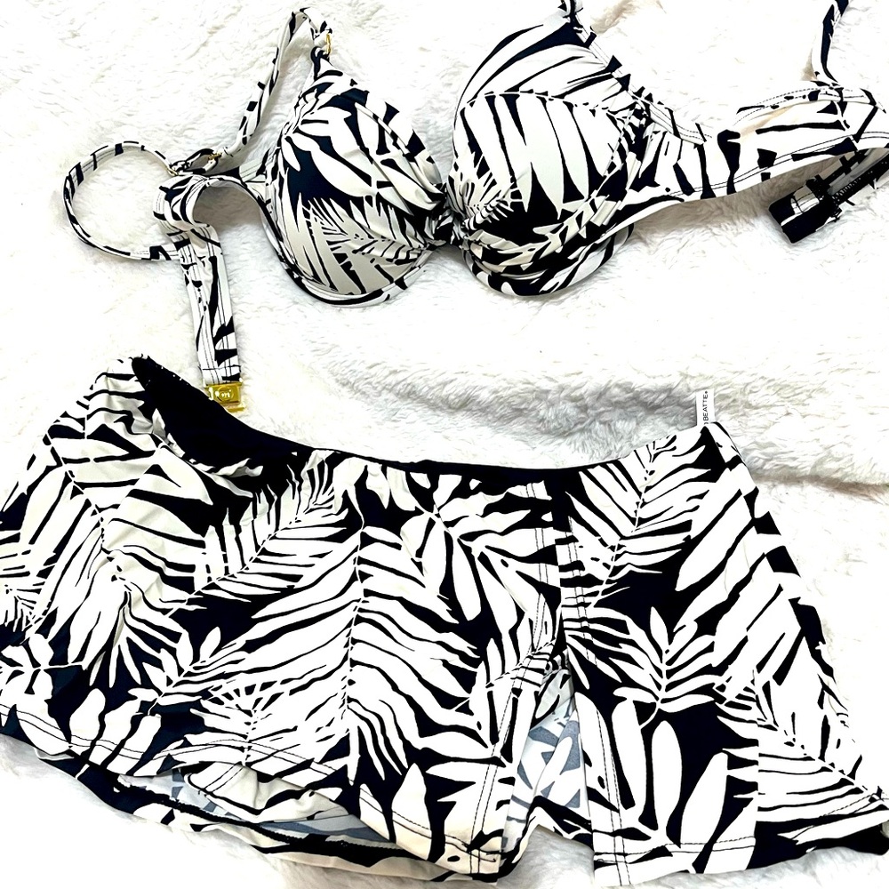 NEW Bleu Rod Skirted Hipster Bikini Bottom Top Set, Black Oasis Print, Size 6